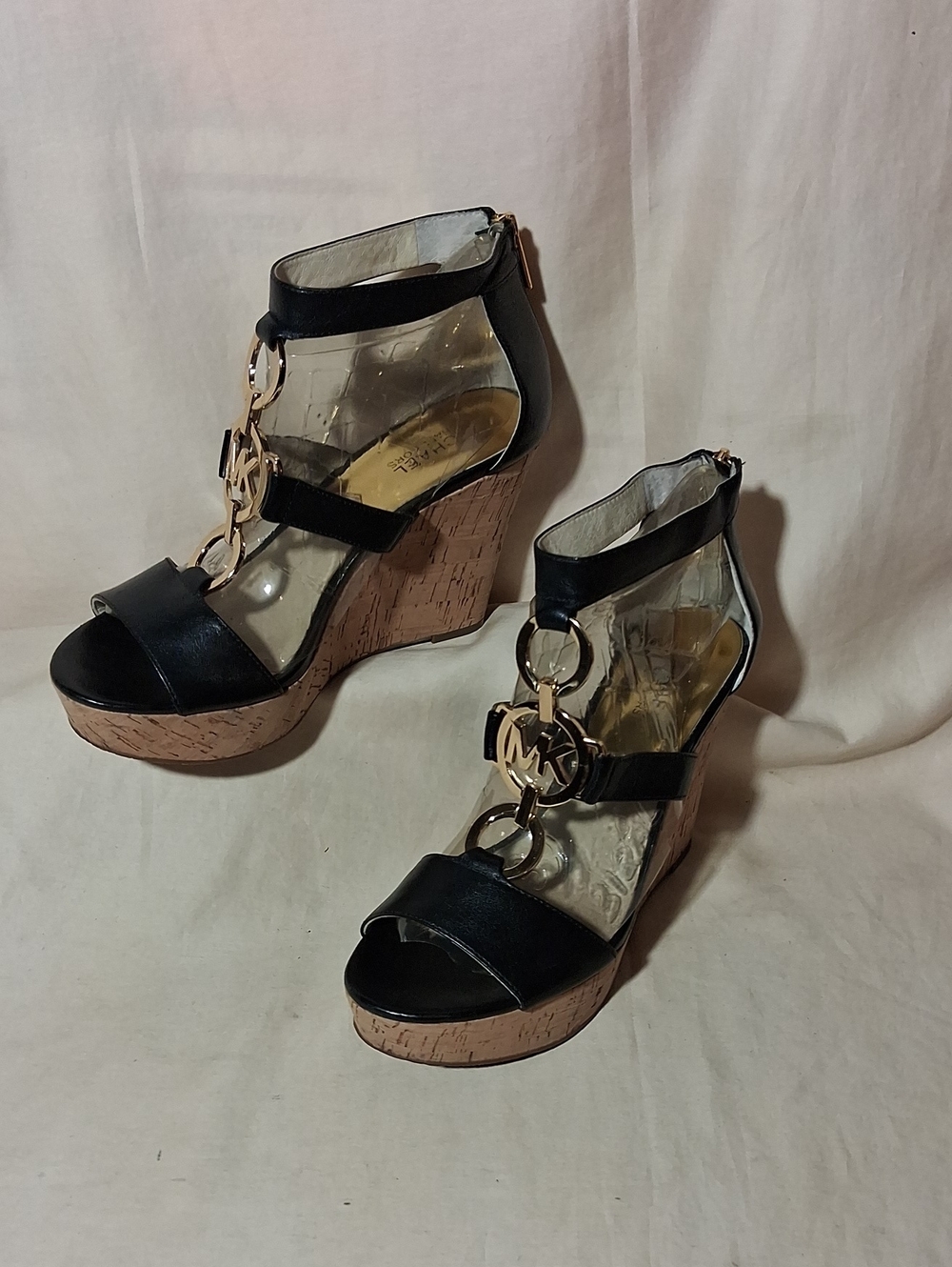 Michael Kors Black Leather Cork Wedge Sandals with Gold MK Accent